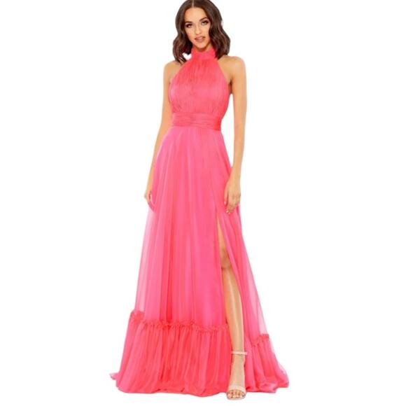 Mac Duggal Pink High Neck Tiered Chiffon Halter Gown Maxi Size 10 Romantic Femme - Picture 1 of 10